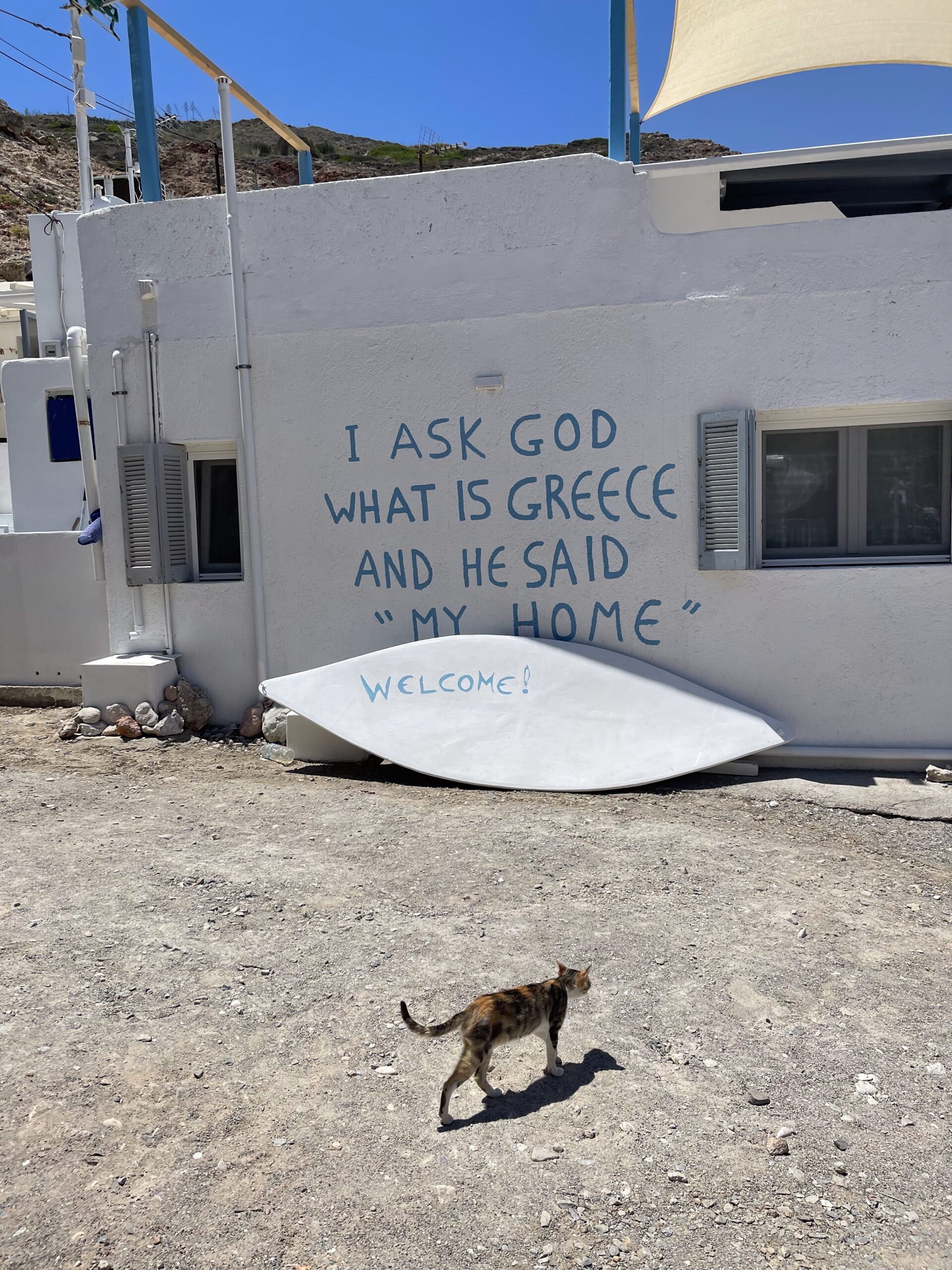 IMG_7920 Citation "What is Greece" peinte à Mandrakia, avec un chat